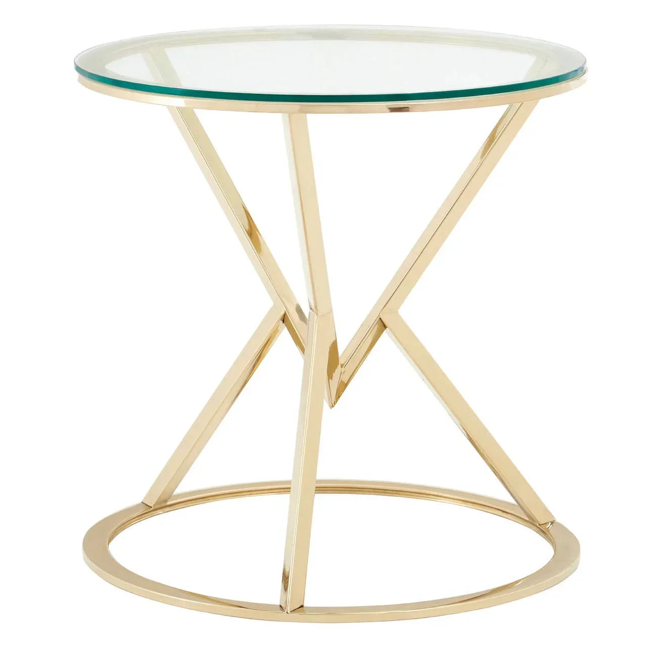 Round glass top side table with gold metal geometric frame