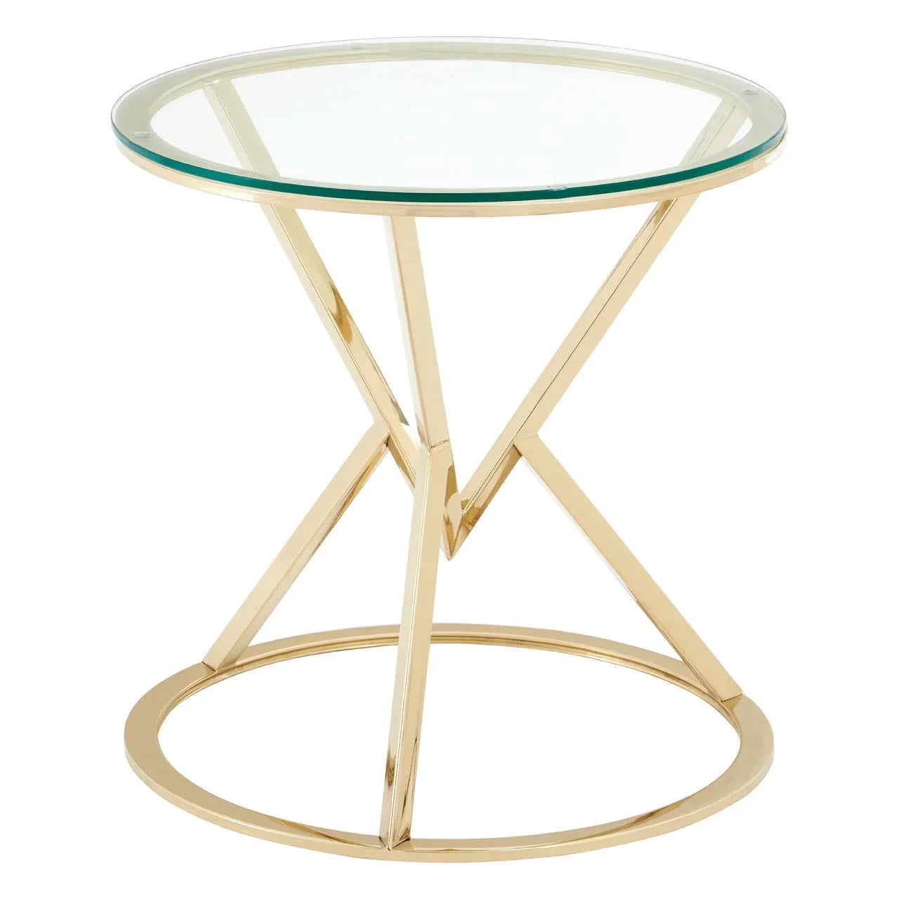 Round glass top side table with gold metal frame and modern geometric base