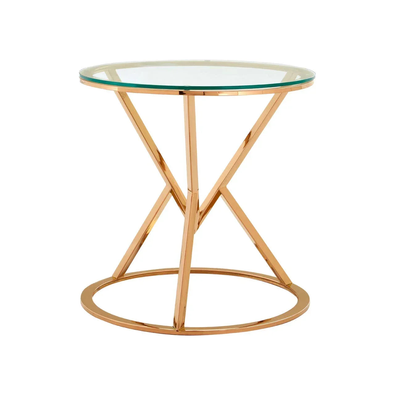 Round glass top side table with gold metal frame and geometric base
