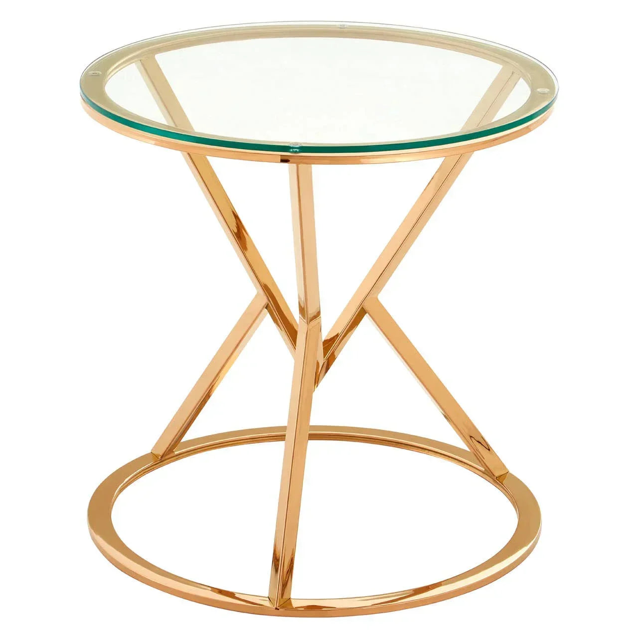 Round glass side table with gold metal frame and modern geometric base