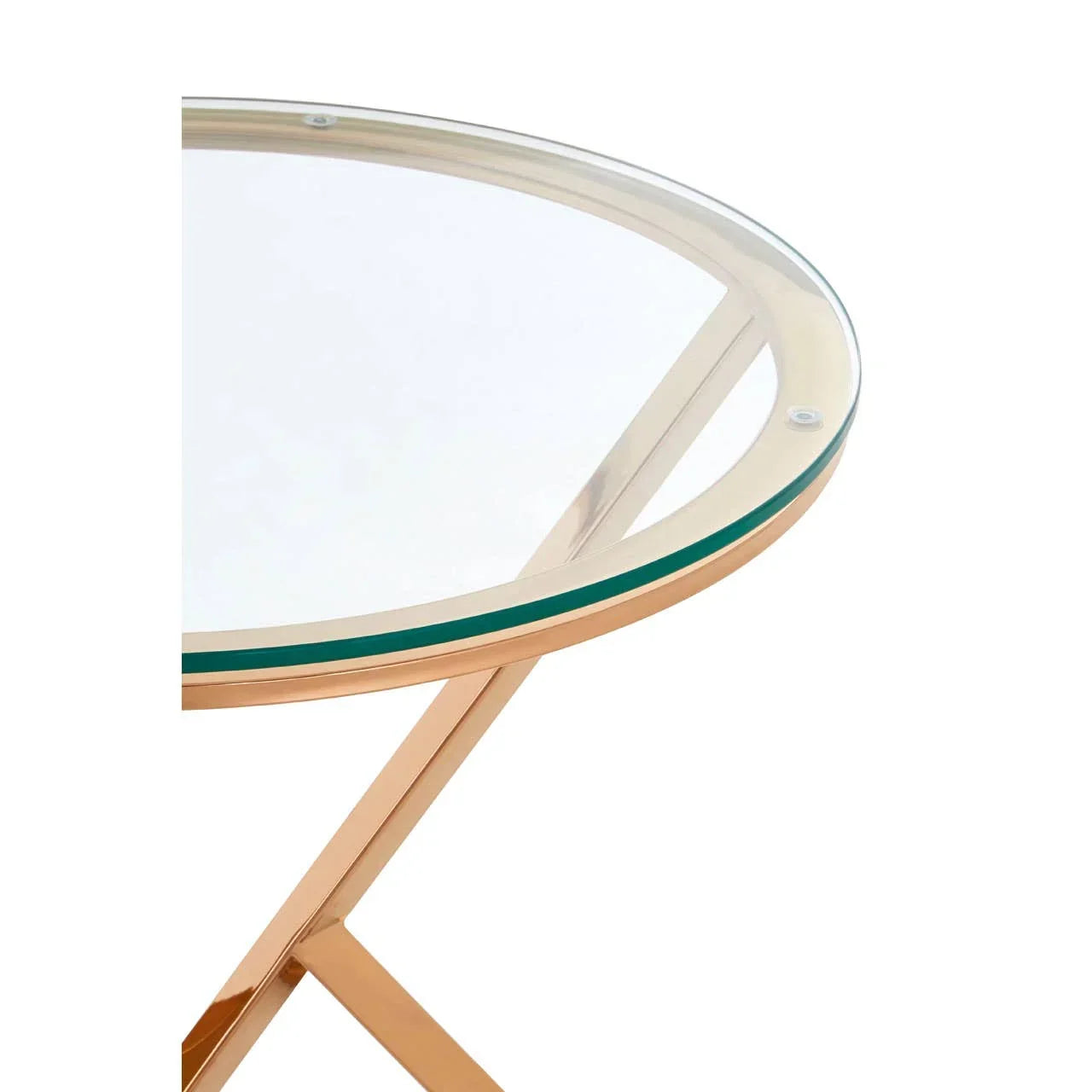 Round glass coffee table with gold metal frame and clear top, angled side view