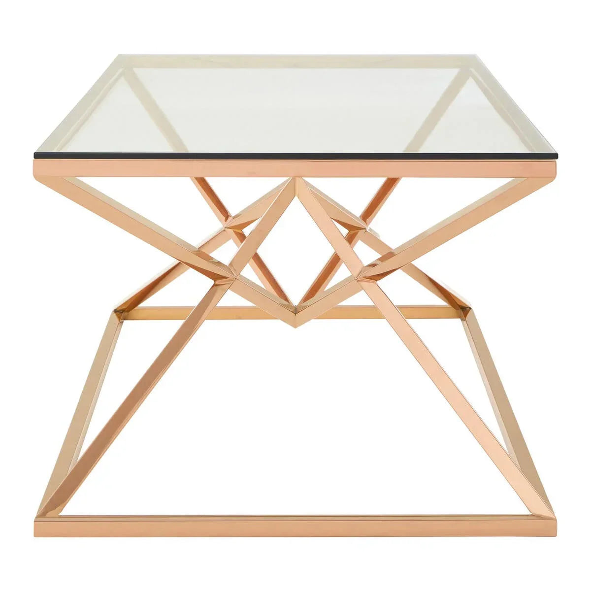 Glass top coffee table with geometric gold metal frame, front angle view