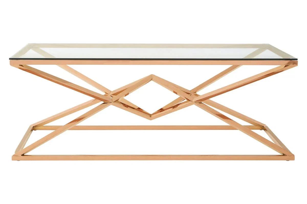 Glass top coffee table with gold geometric metal frame, side view