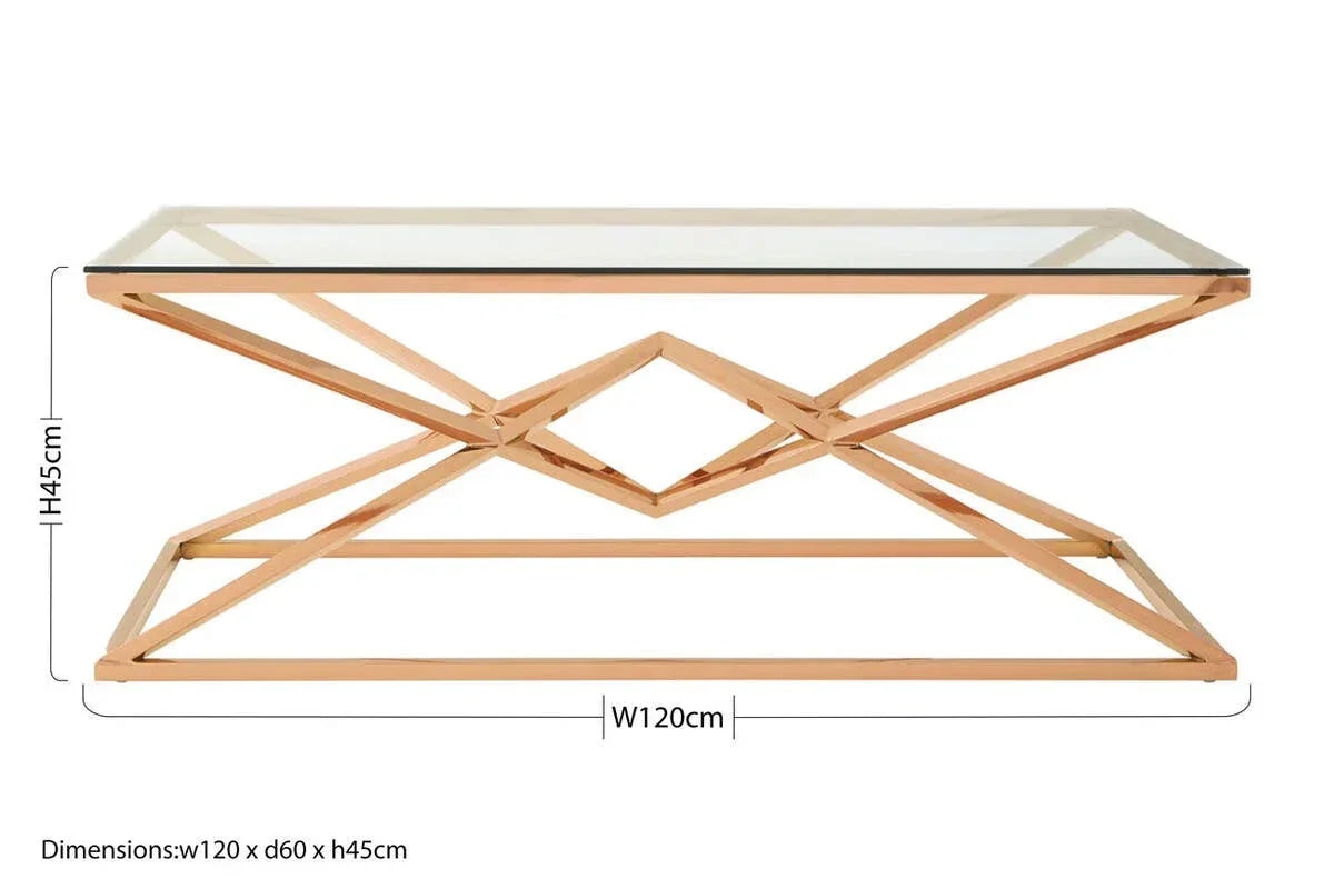 Glass top coffee table with gold geometric metal frame, dimensions 120cm x 60cm x 45cm