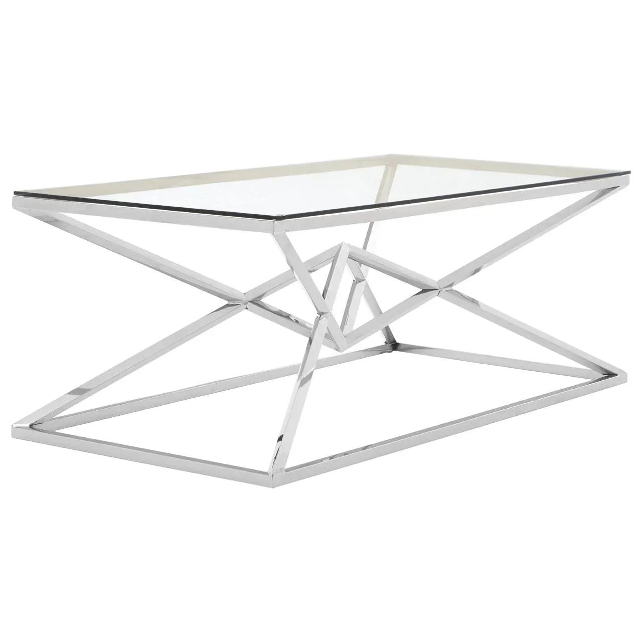 Glass top coffee table with geometric chrome metal base