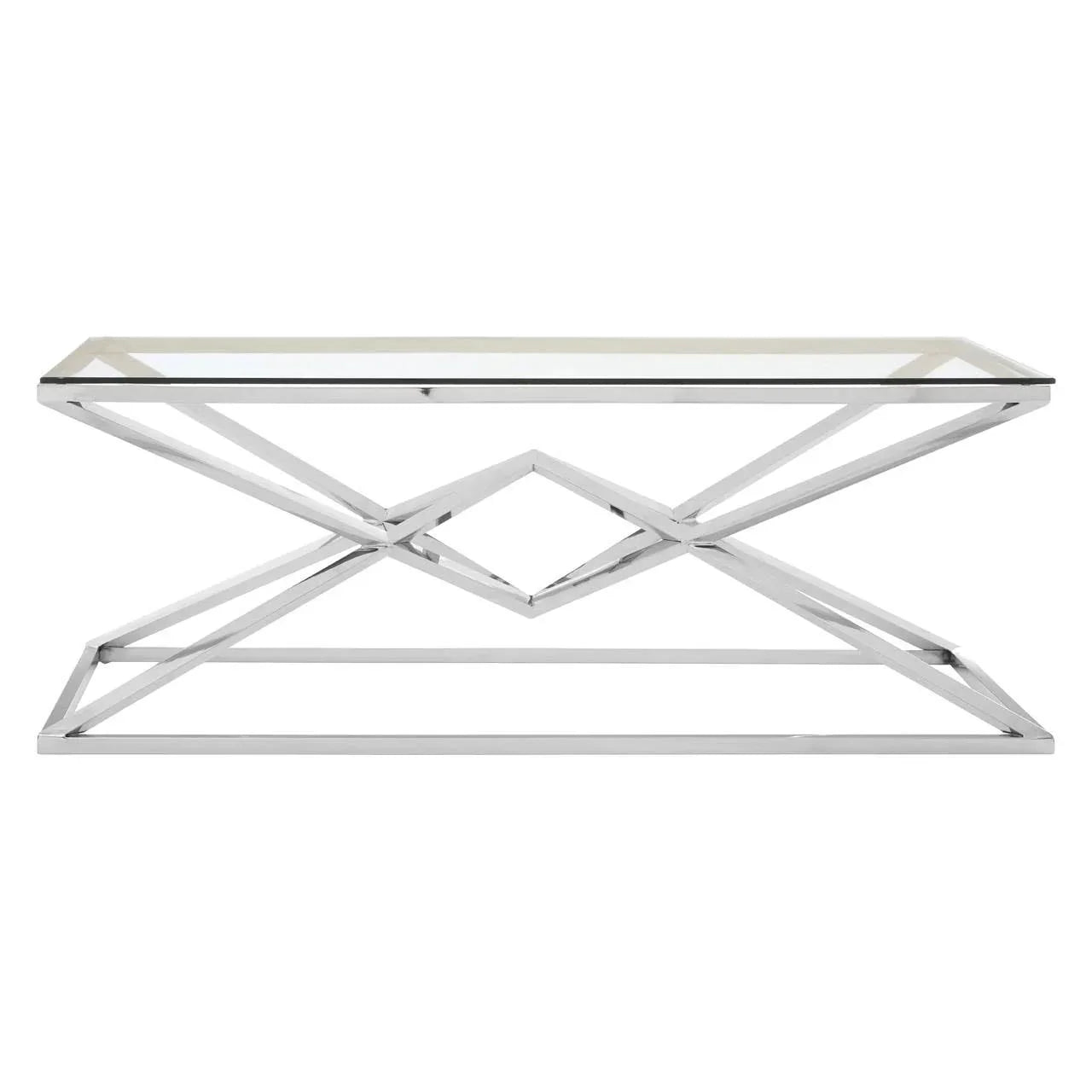Glass top coffee table with geometric chrome metal base and modern design