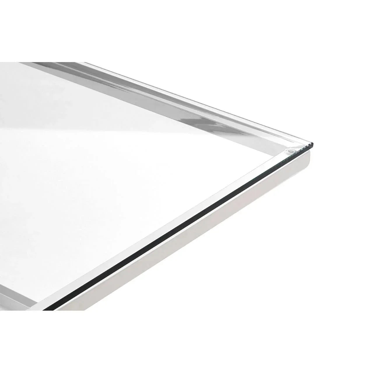 Clear glass tabletop with polished beveled edge and silver metal frame corner detail