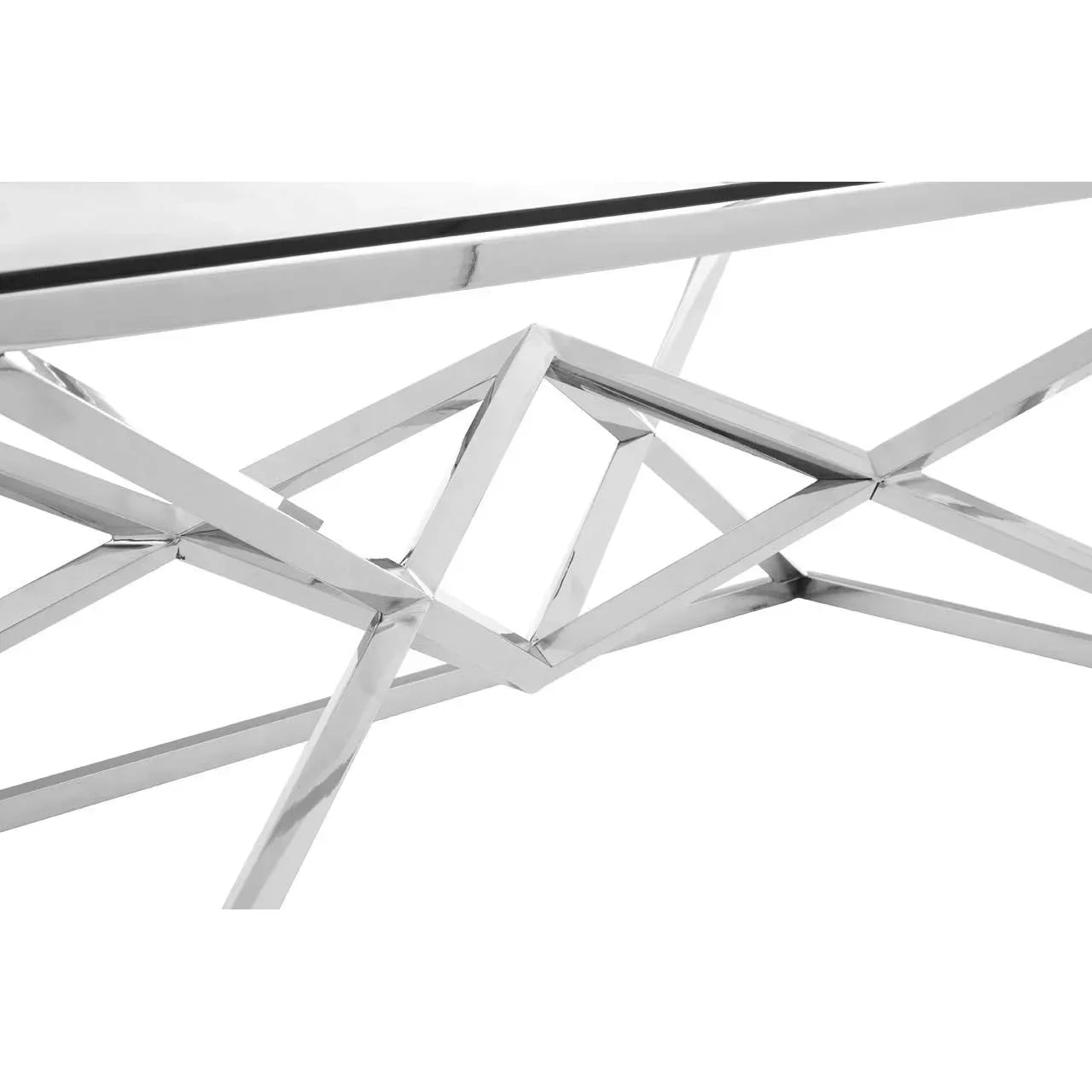 Chrome metal coffee table base with geometric angular design detail
