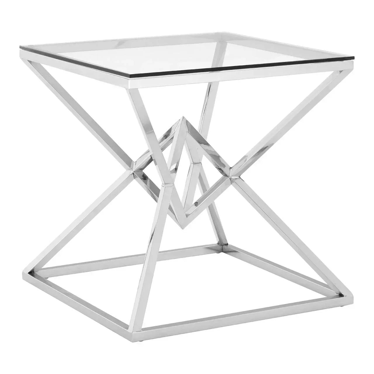 Glass top side table with geometric chrome metal frame