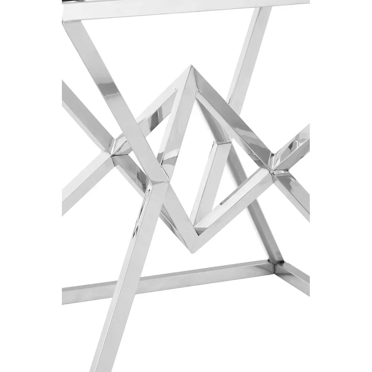 Chrome metal table base with geometric angular design and modern polished finish