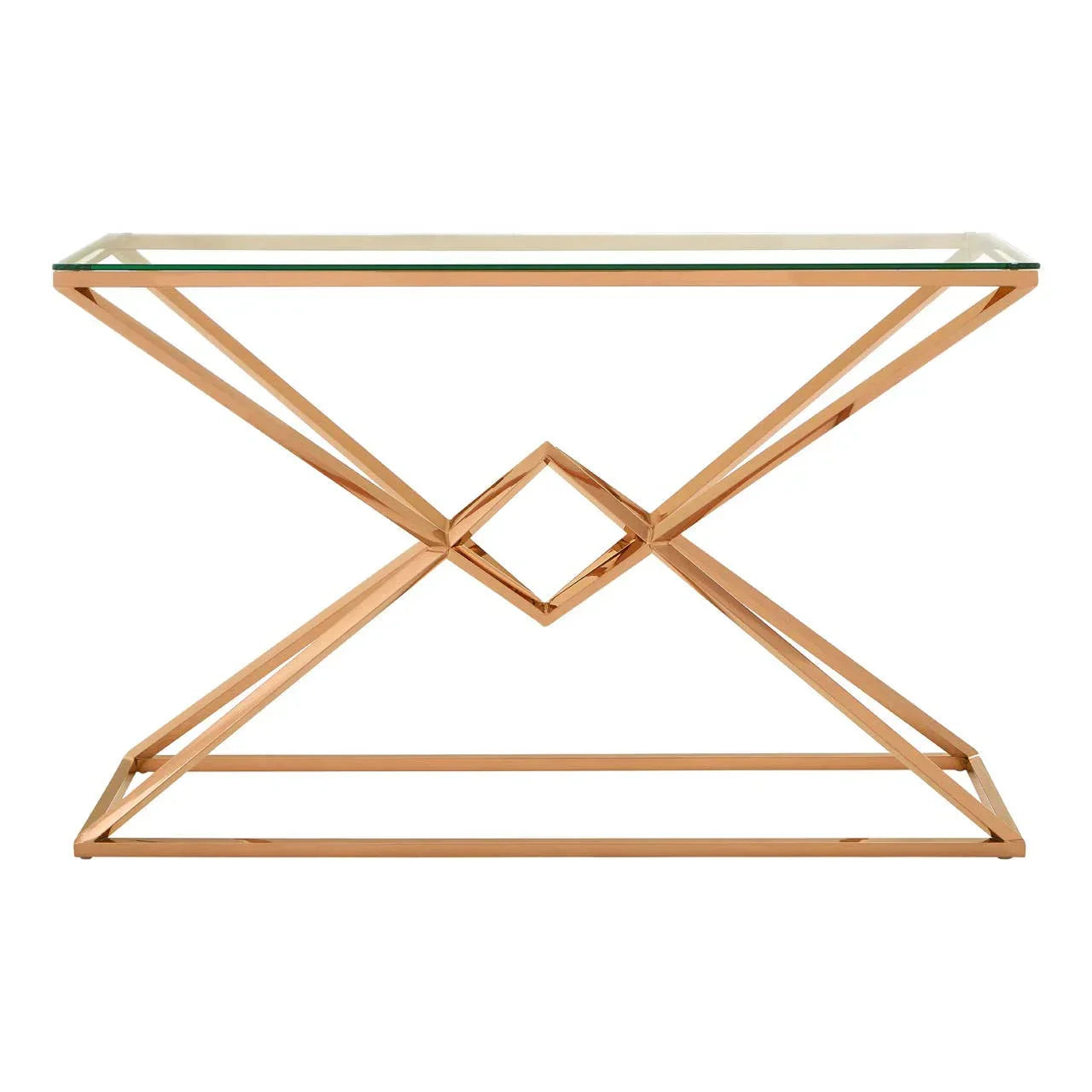 Glass console table with geometric gold metal frame and modern design