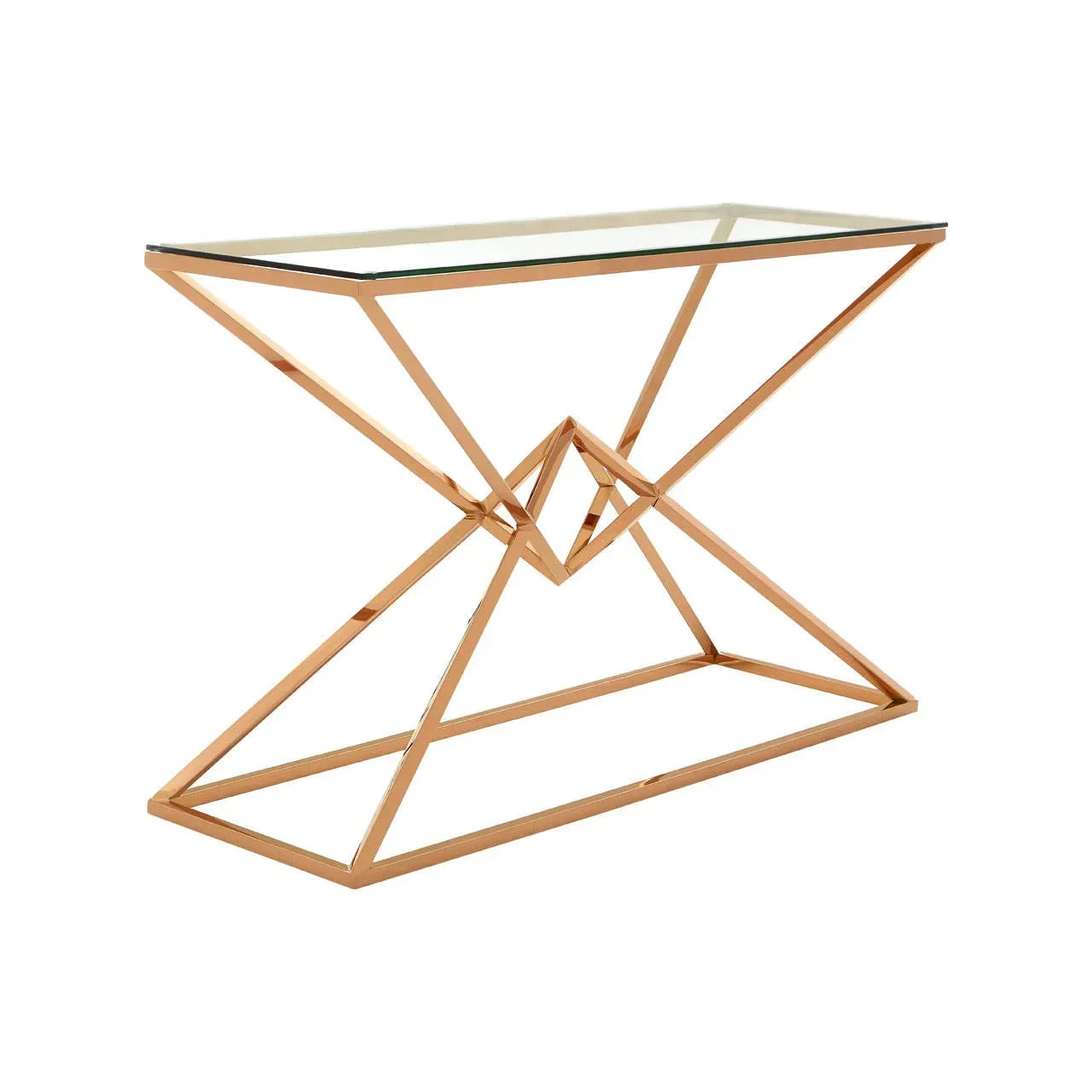 Glass console table with geometric gold metal frame, angled view