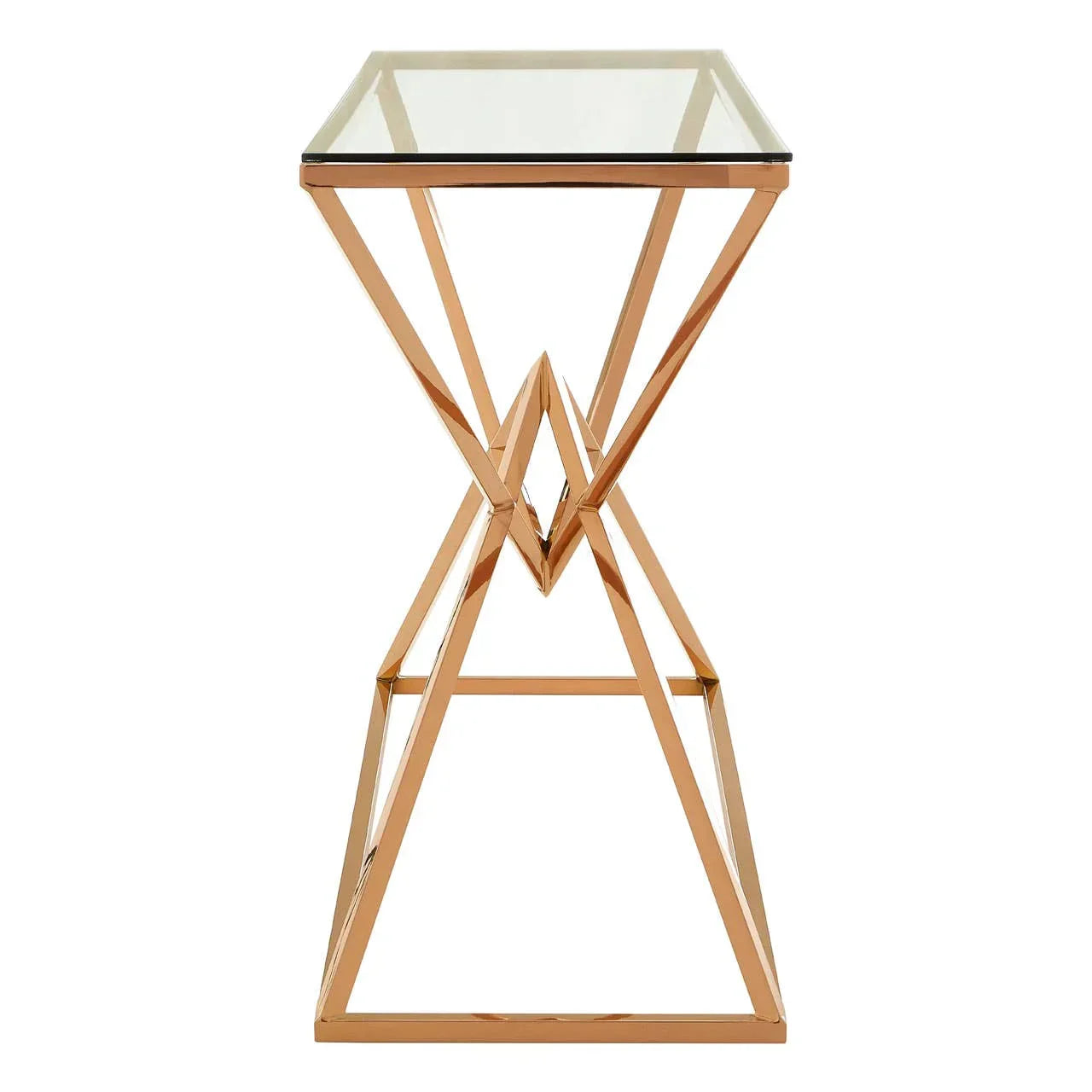 Gold metal side table with geometric frame and clear glass top, front view