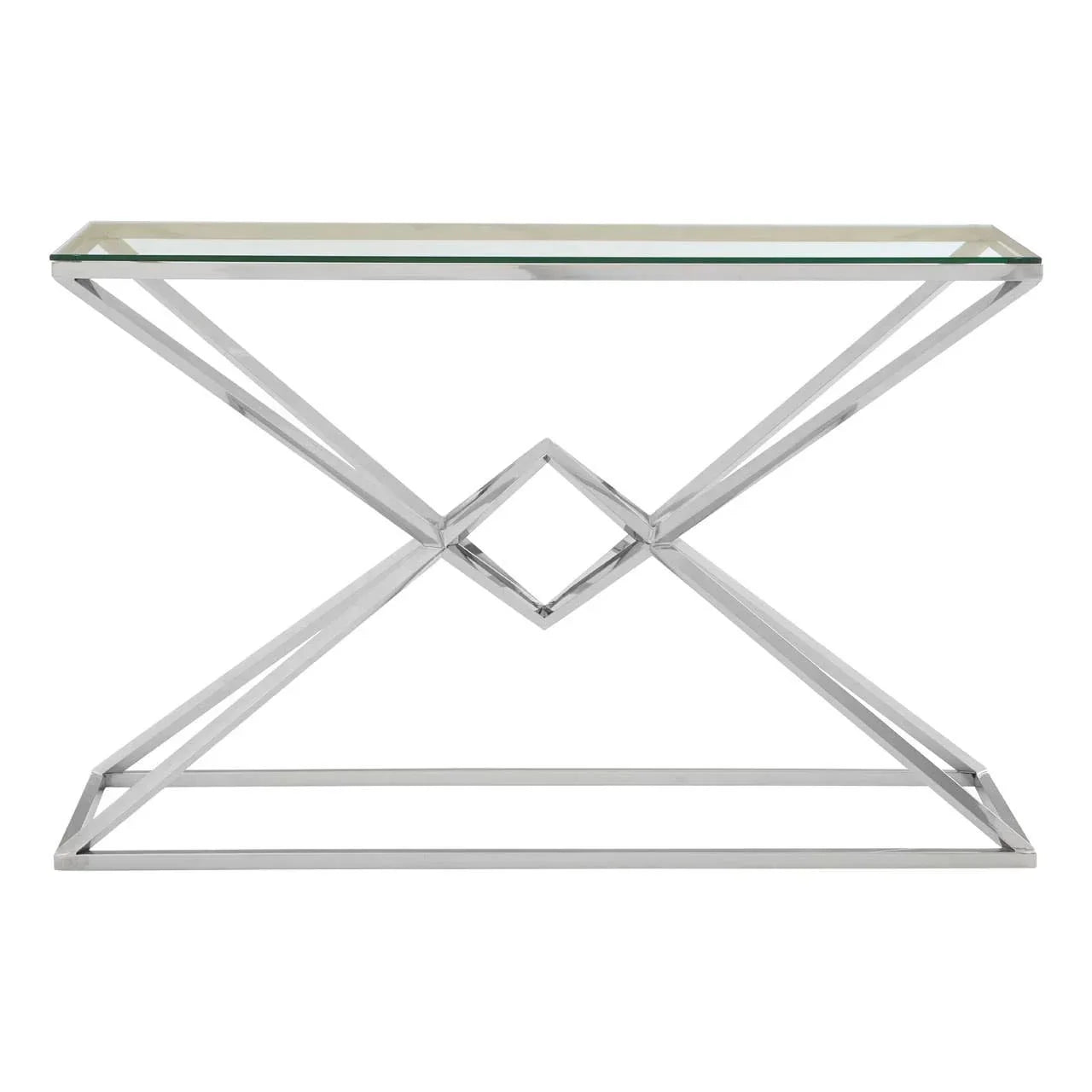 Glass console table with geometric chrome metal base and modern minimalist design
