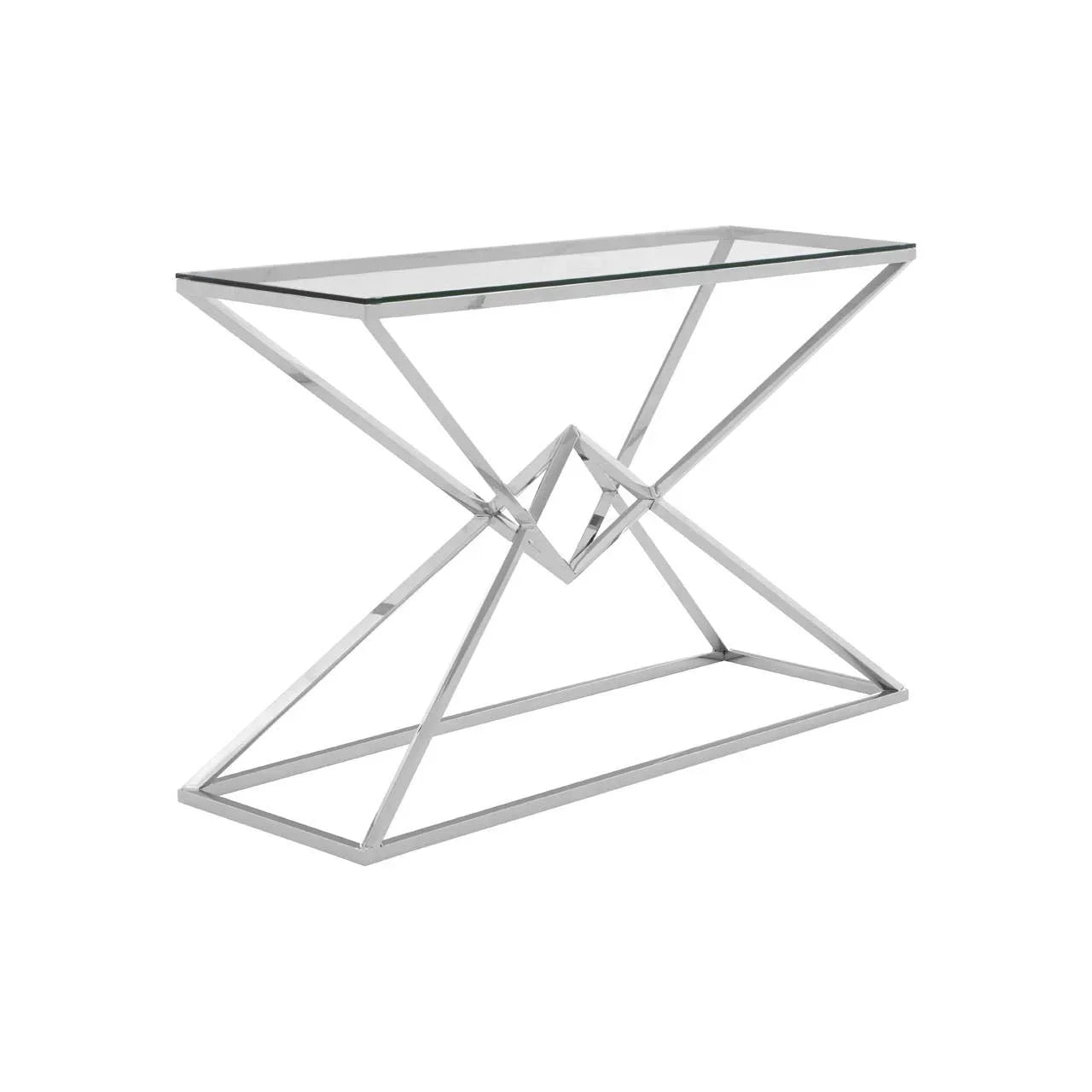 Modern glass console table with geometric chrome metal frame on white background