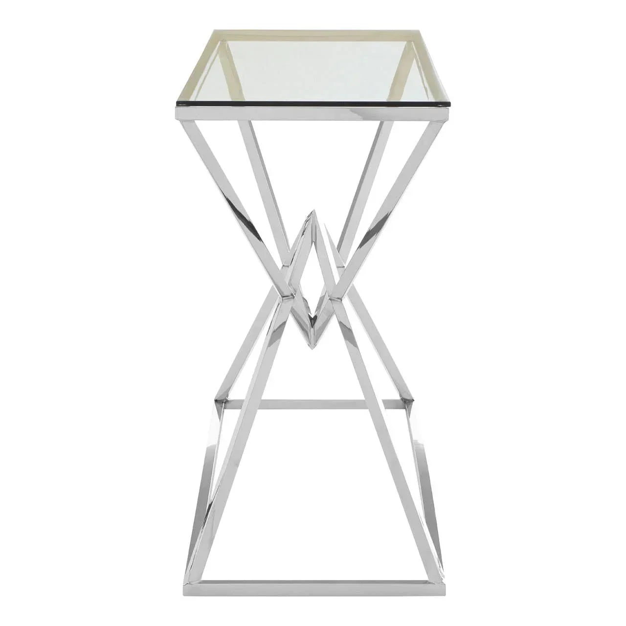 Modern side table with square glass top and geometric chrome metal frame