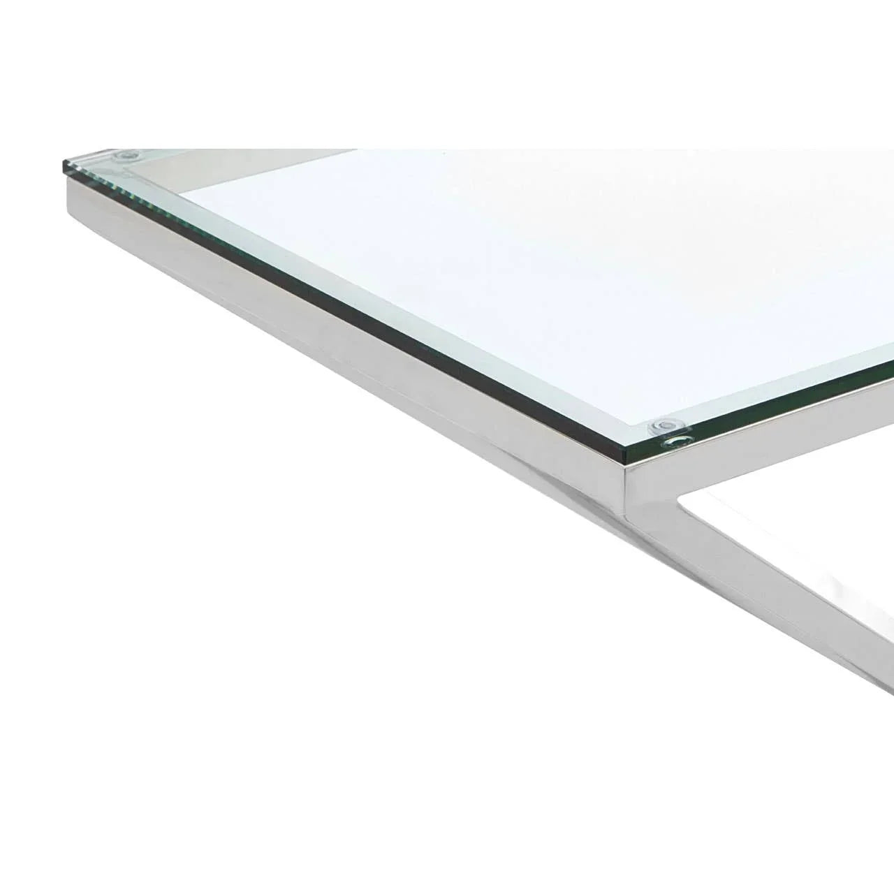Closeup of glass dining table top with chrome frame and metal edge on white background