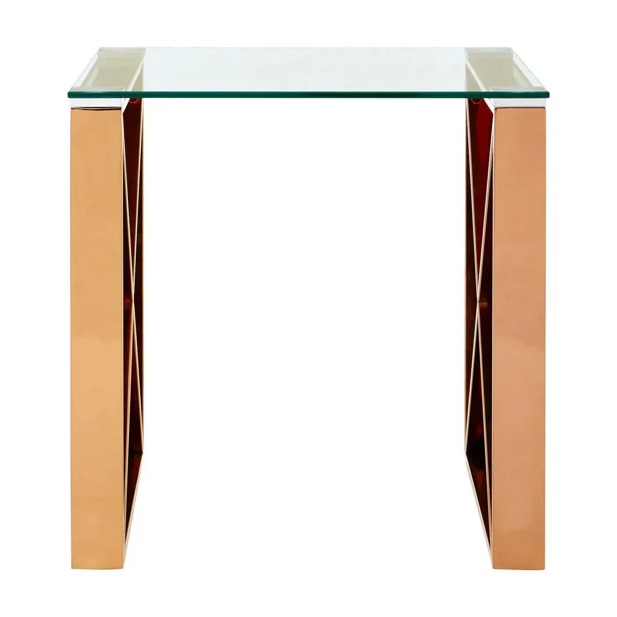 Glass side table with gold metal legs and geometric detailing, front view