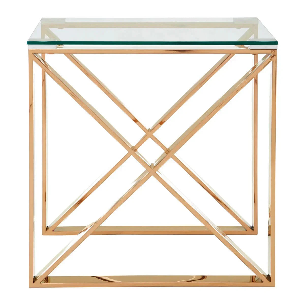 Gold metal side table with clear glass top and geometric frame design