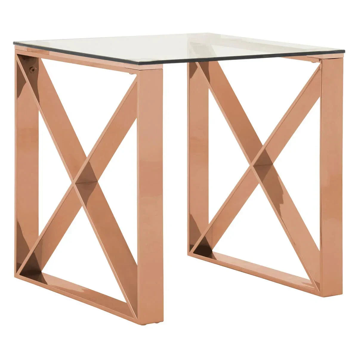 Rose gold metal side table with clear glass top and crisscross frame detail