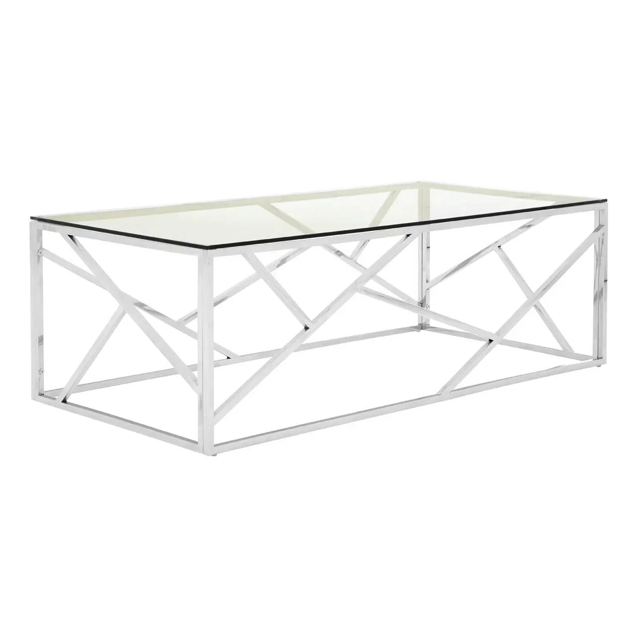 Rectangular glass coffee table with chrome metal frame and geometric base design