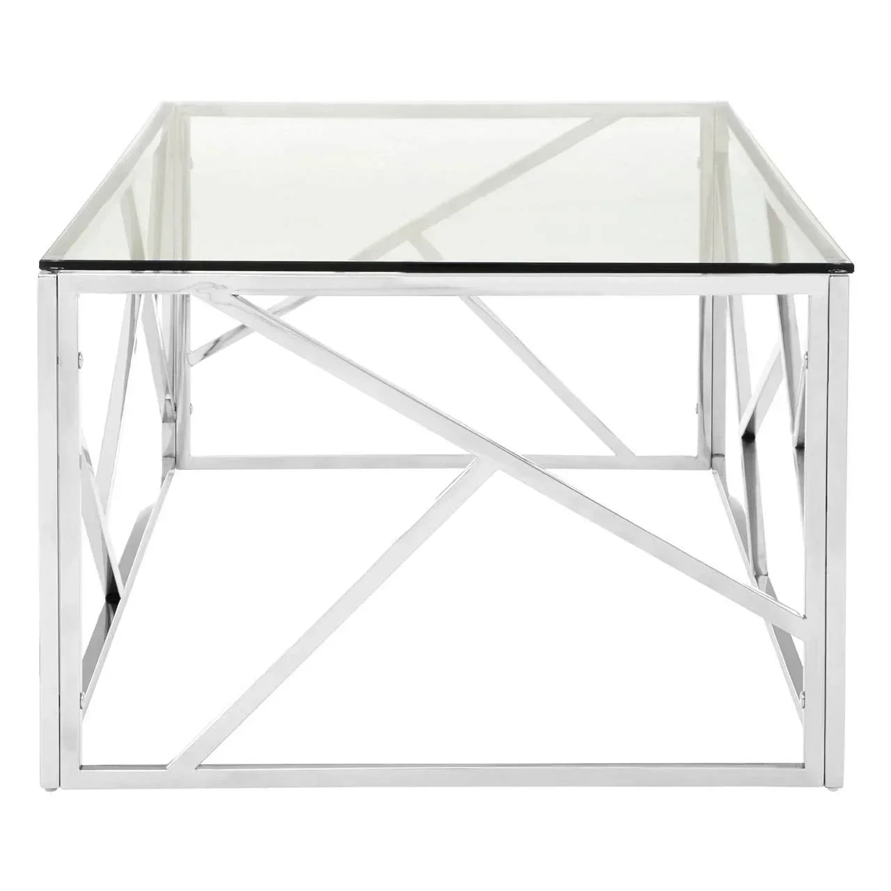 Rectangular glass coffee table with chrome metal frame and geometric base design, front view