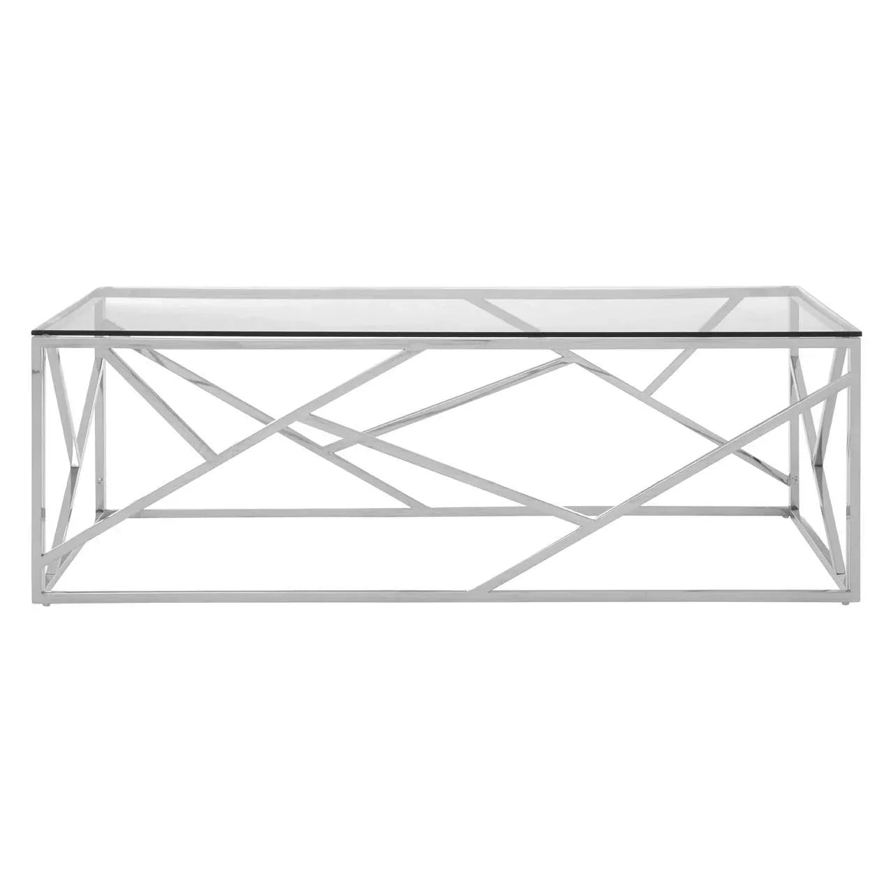 Glass coffee table with chrome metal geometric frame, rectangular shape, front view
