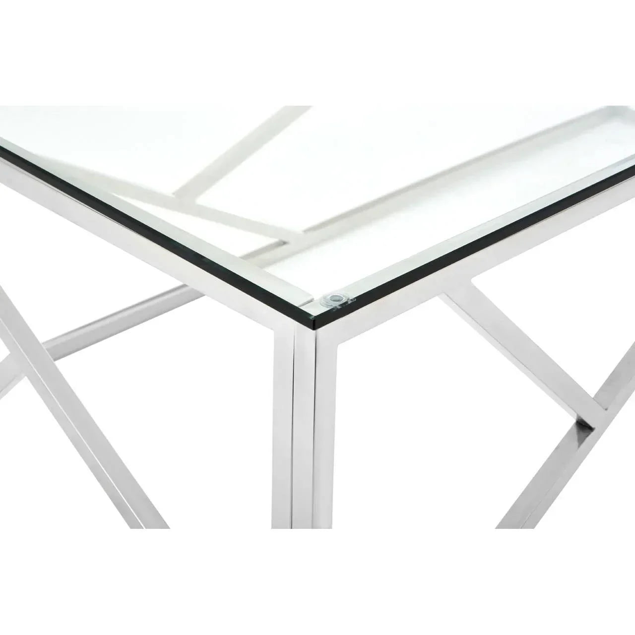 Glass top coffee table with chrome metal frame, corner close-up showing modern design