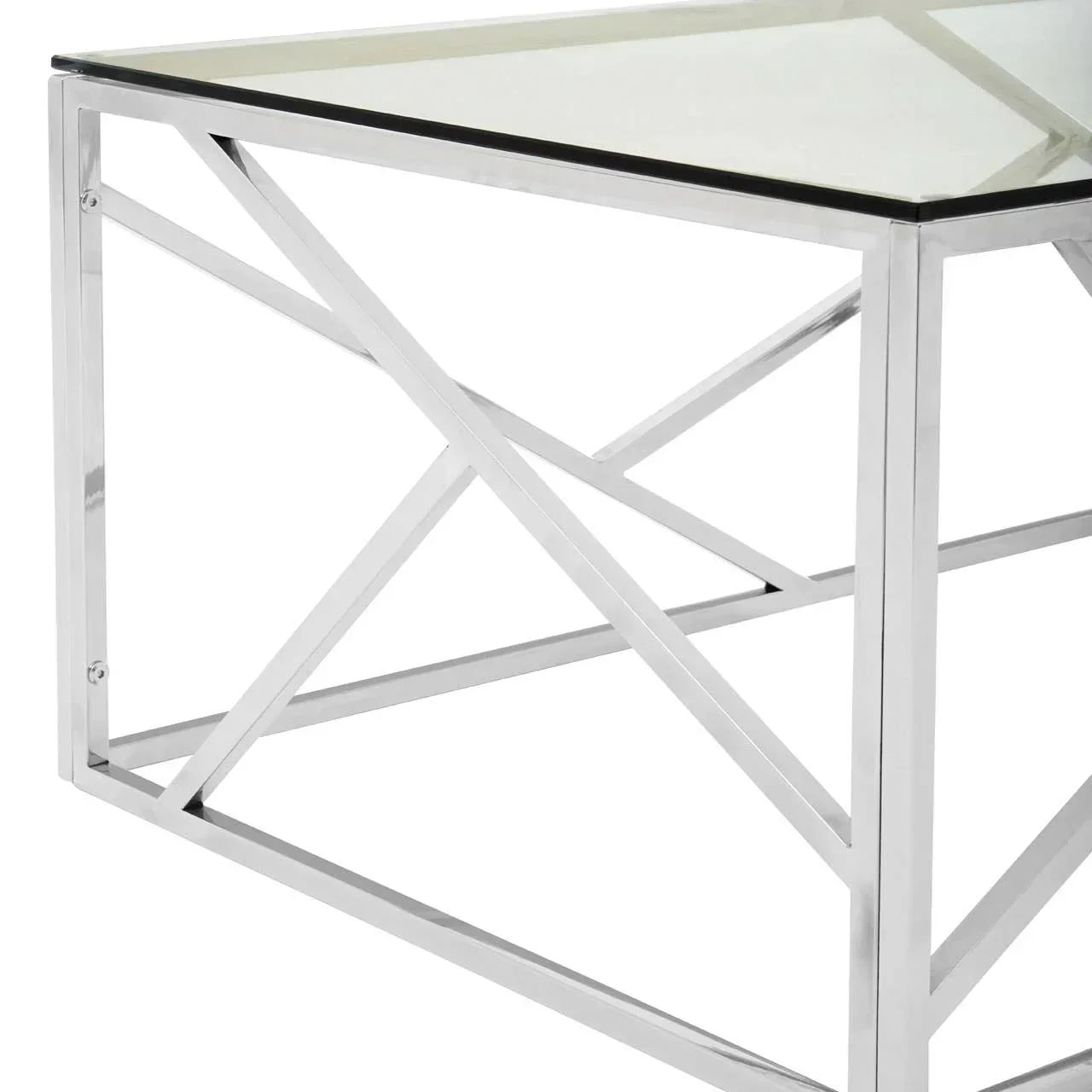 Glass coffee table with chrome metal frame and geometric cross detail, side view