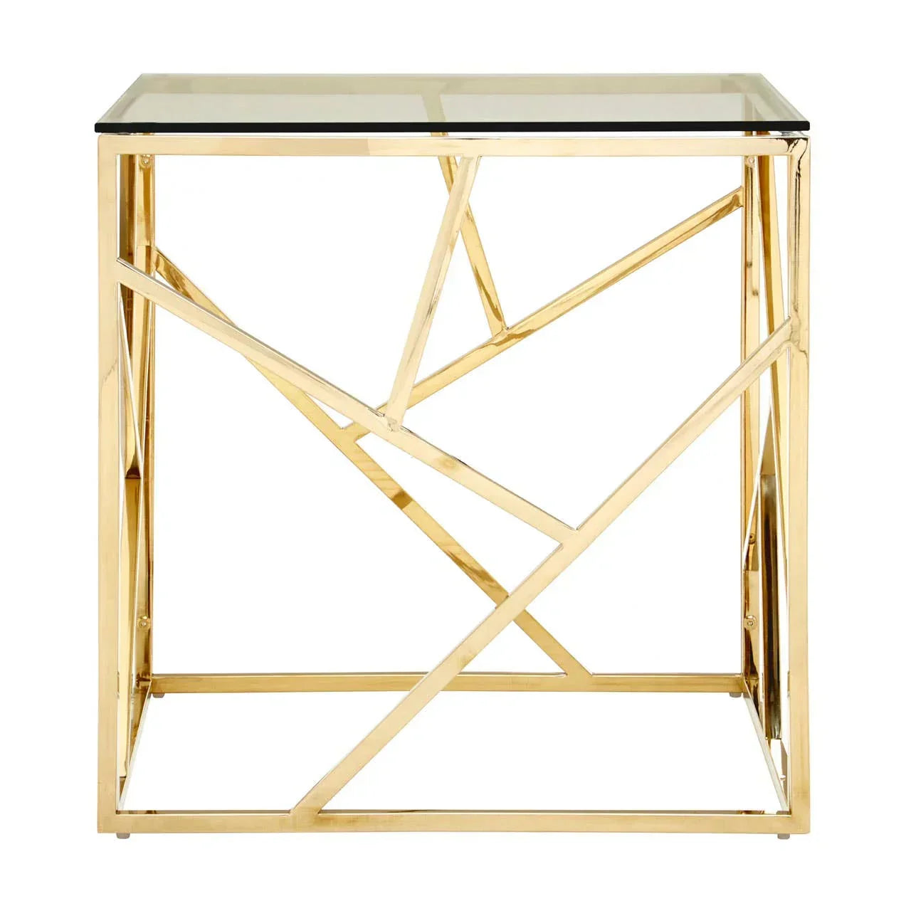 Modern glass top side table with gold geometric metal frame, front view