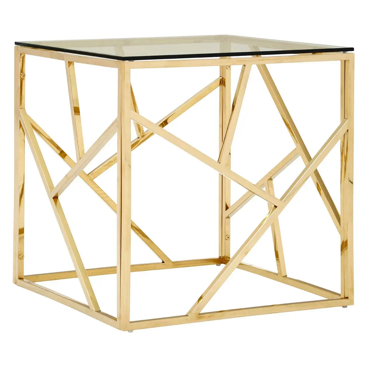 Gold metal side table with glass top featuring geometric frame design