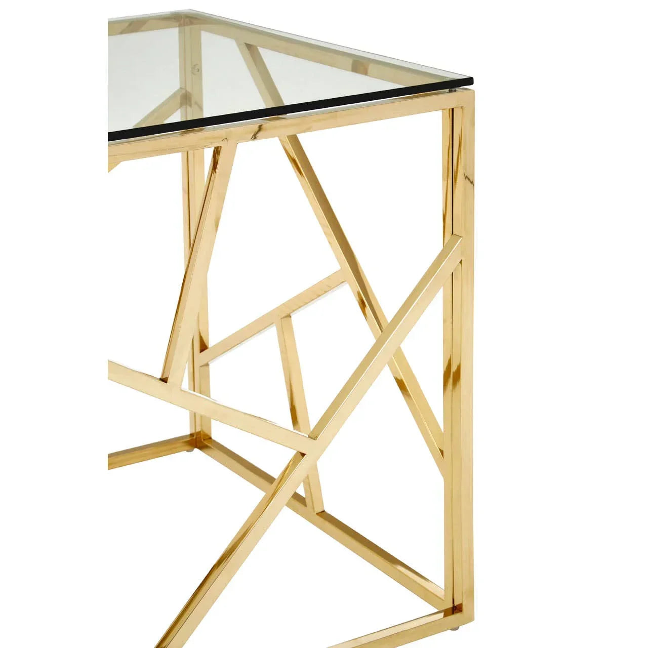Glass top table with gold metal geometric frame, close-up on corner structure