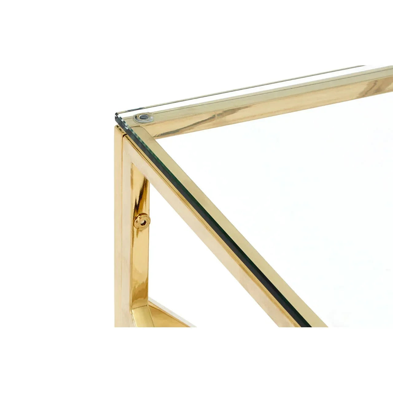 Gold metal and glass coffee table corner with clear tabletop and polished frame