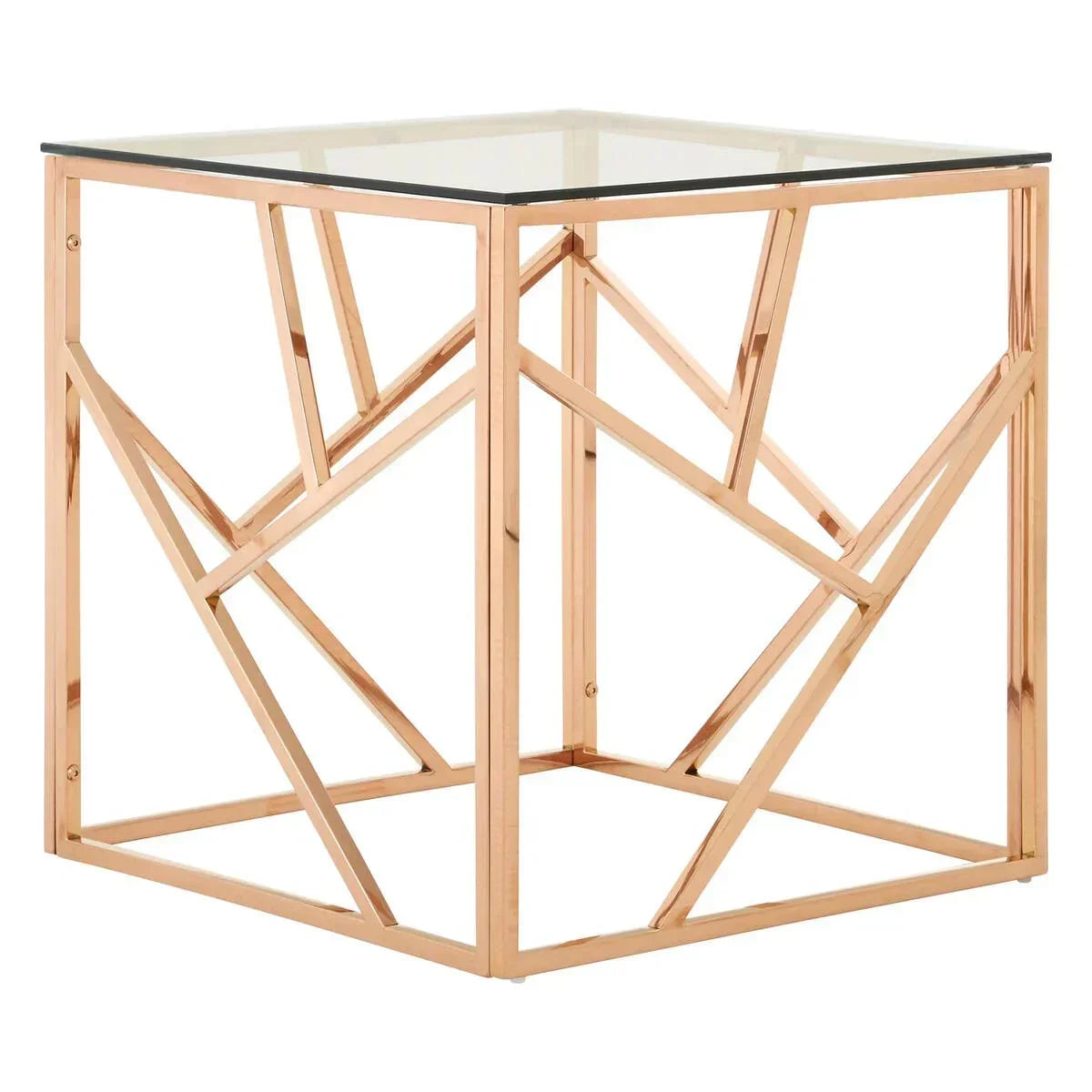 Square glass top side table with gold metal geometric frame