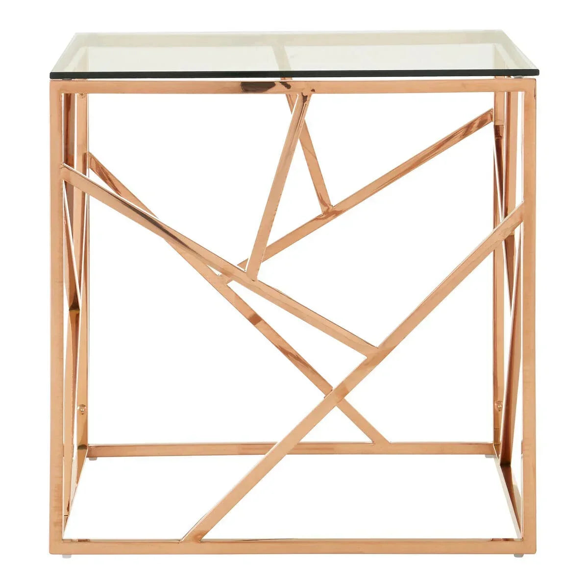 Gold metal and glass side table with geometric frame, modern living room furniture
