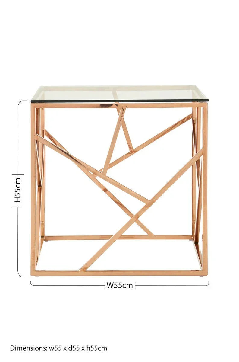 Glass top side table with gold metal geometric frame, dimensions 55x55x55cm