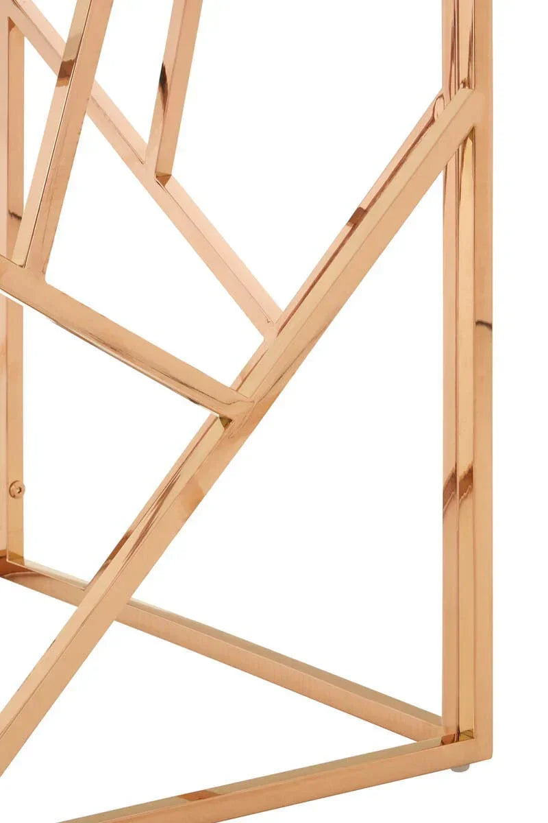 Rose gold metal geometric table base with angled lines and glossy finish