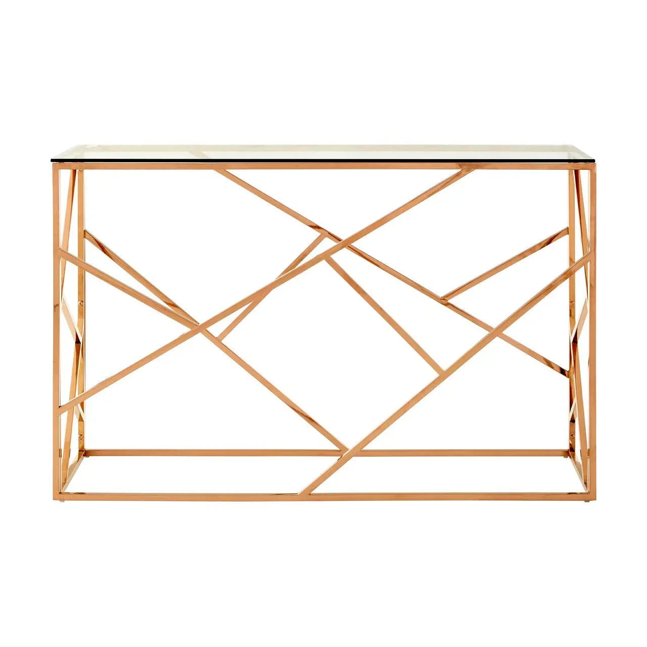 Modern gold metal console table with clear glass top and geometric base design