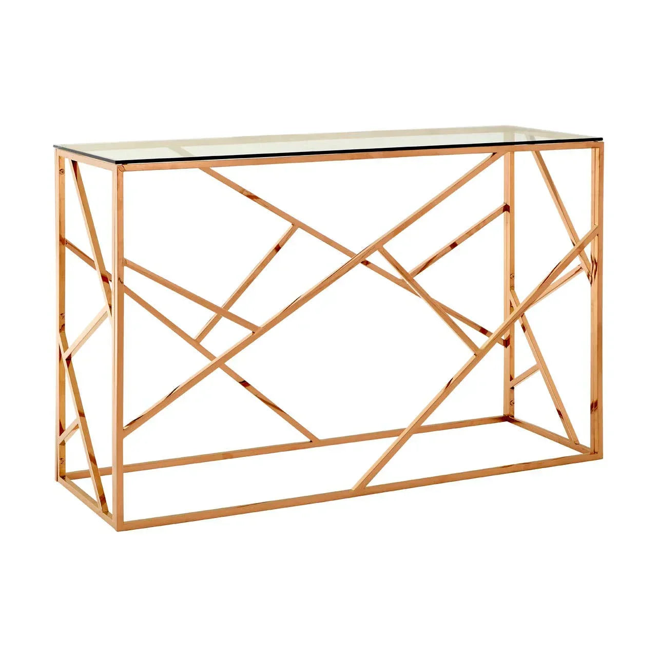 Glass top console table with gold metal geometric frame, angled front view