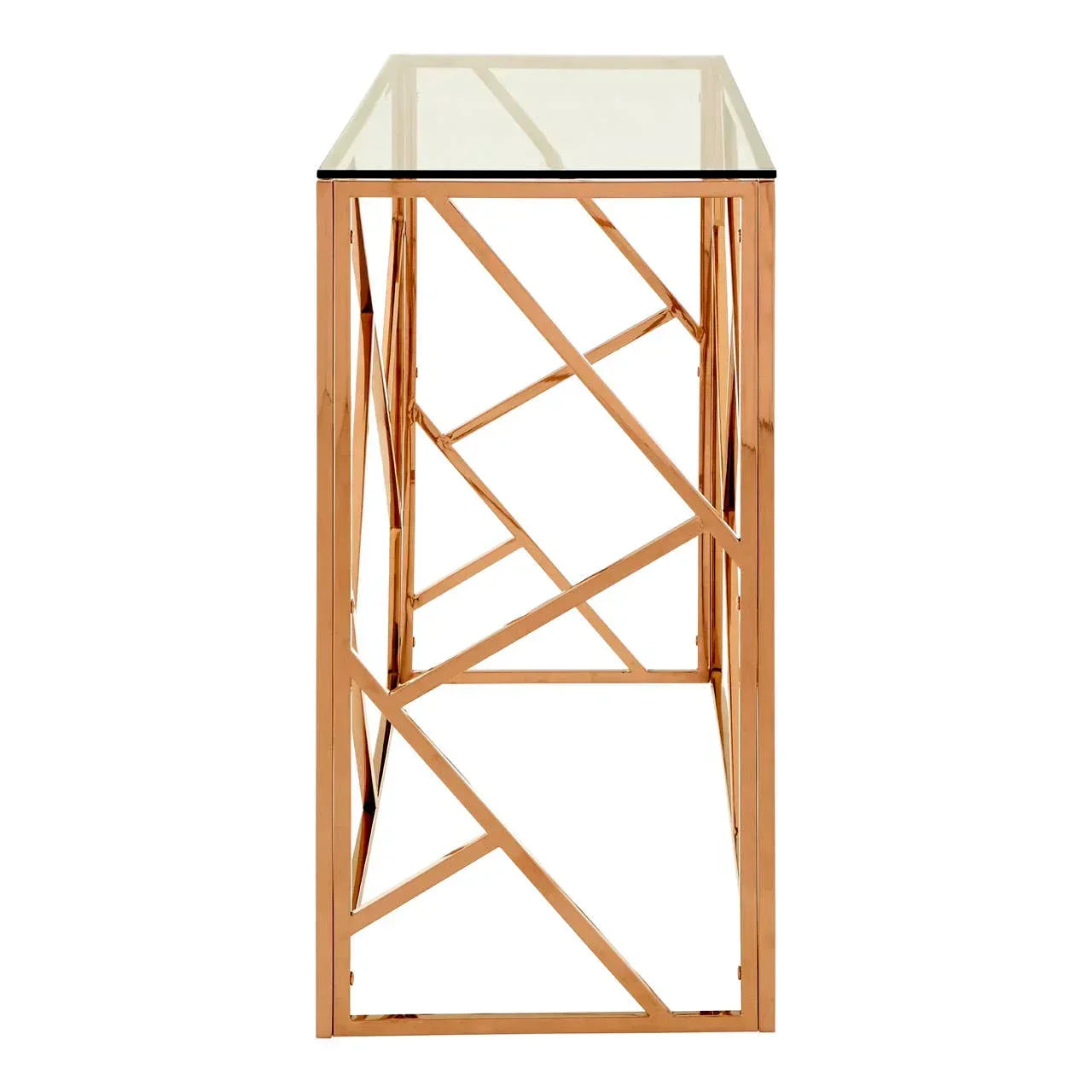 Side view of glass top console table with gold geometric metal frame