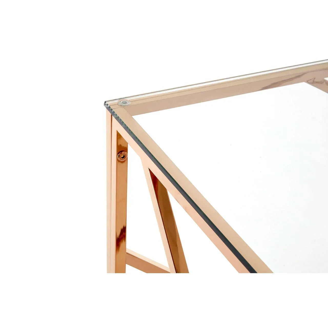 Glass top table with gold metal frame corner detail