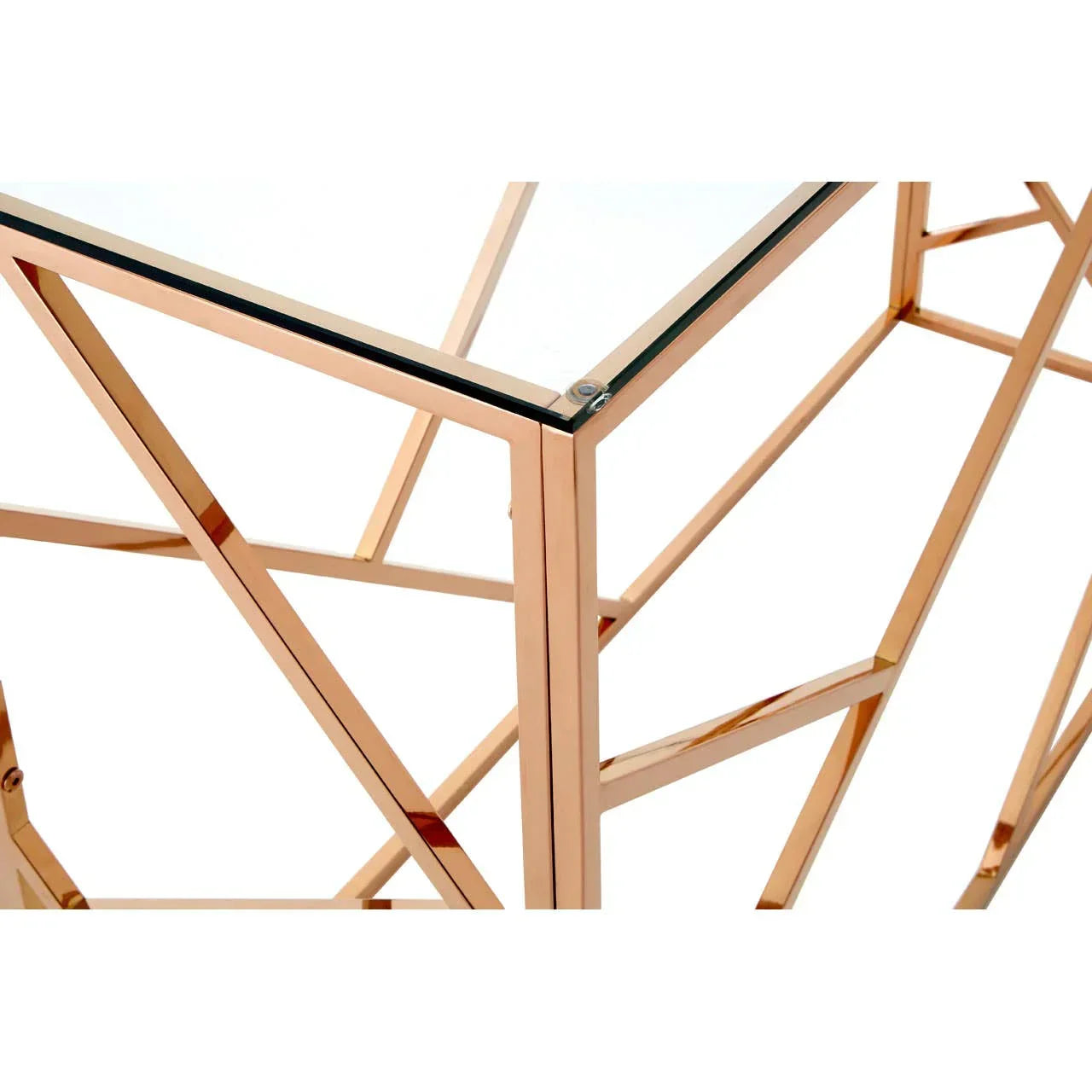 Geometric metal side table with rose gold frame and clear glass top