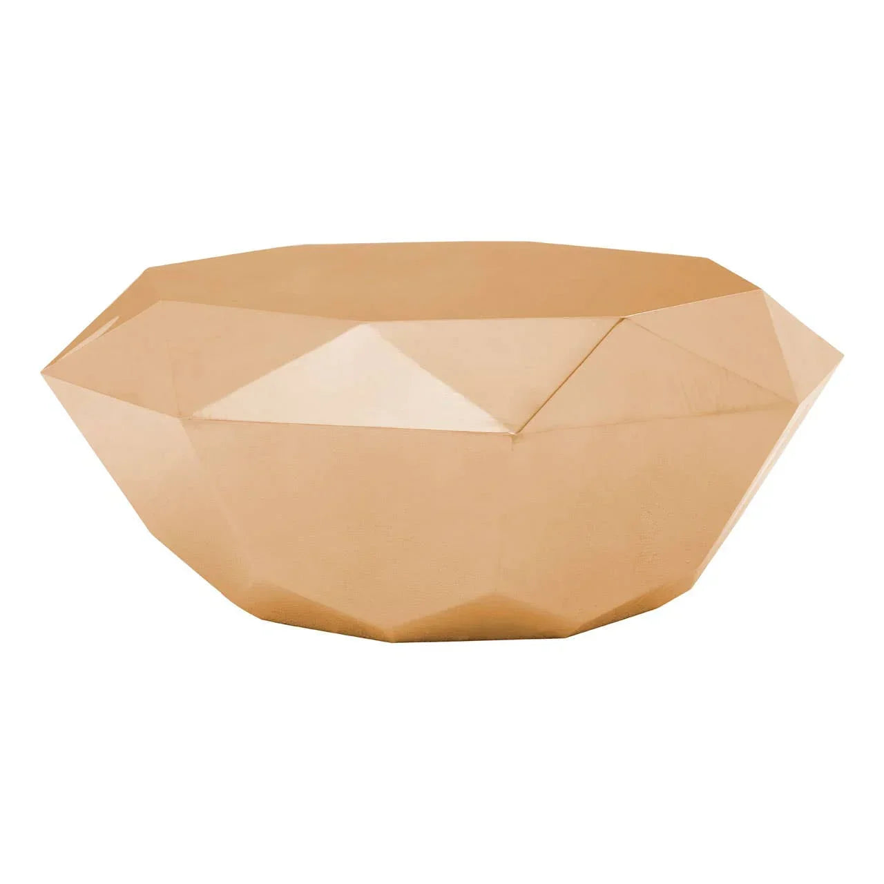 Geometric gold coffee table with faceted metal design and low profile