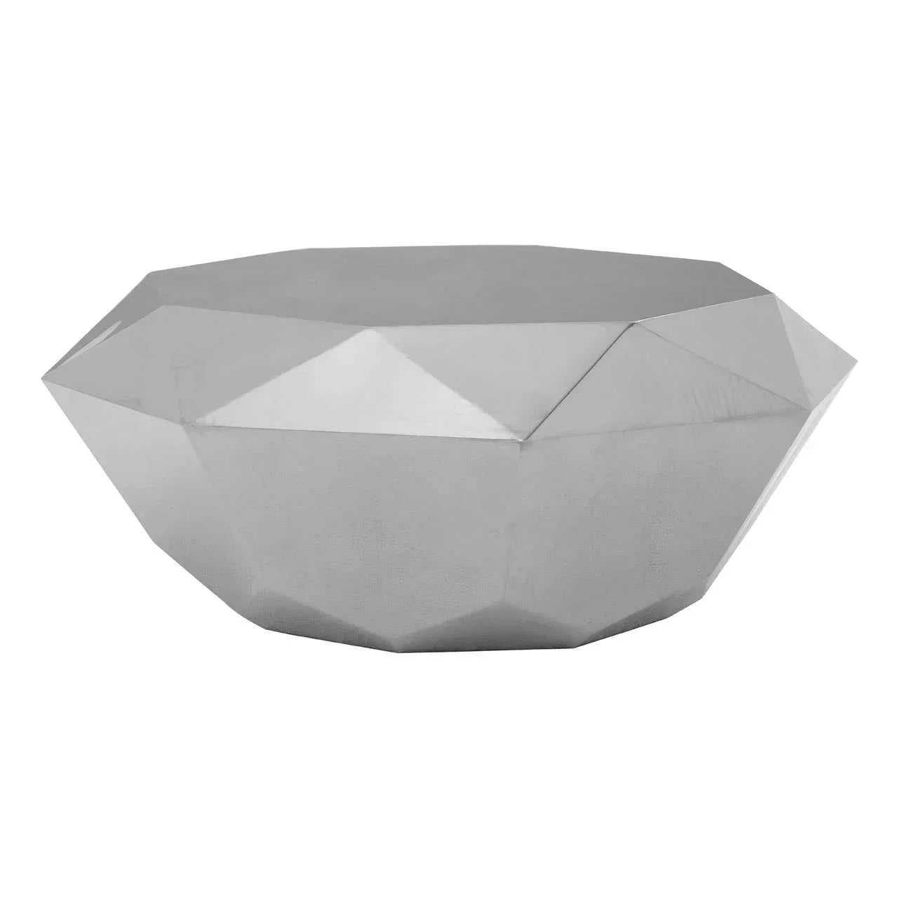 Geometric silver coffee table with faceted metal finish on white background