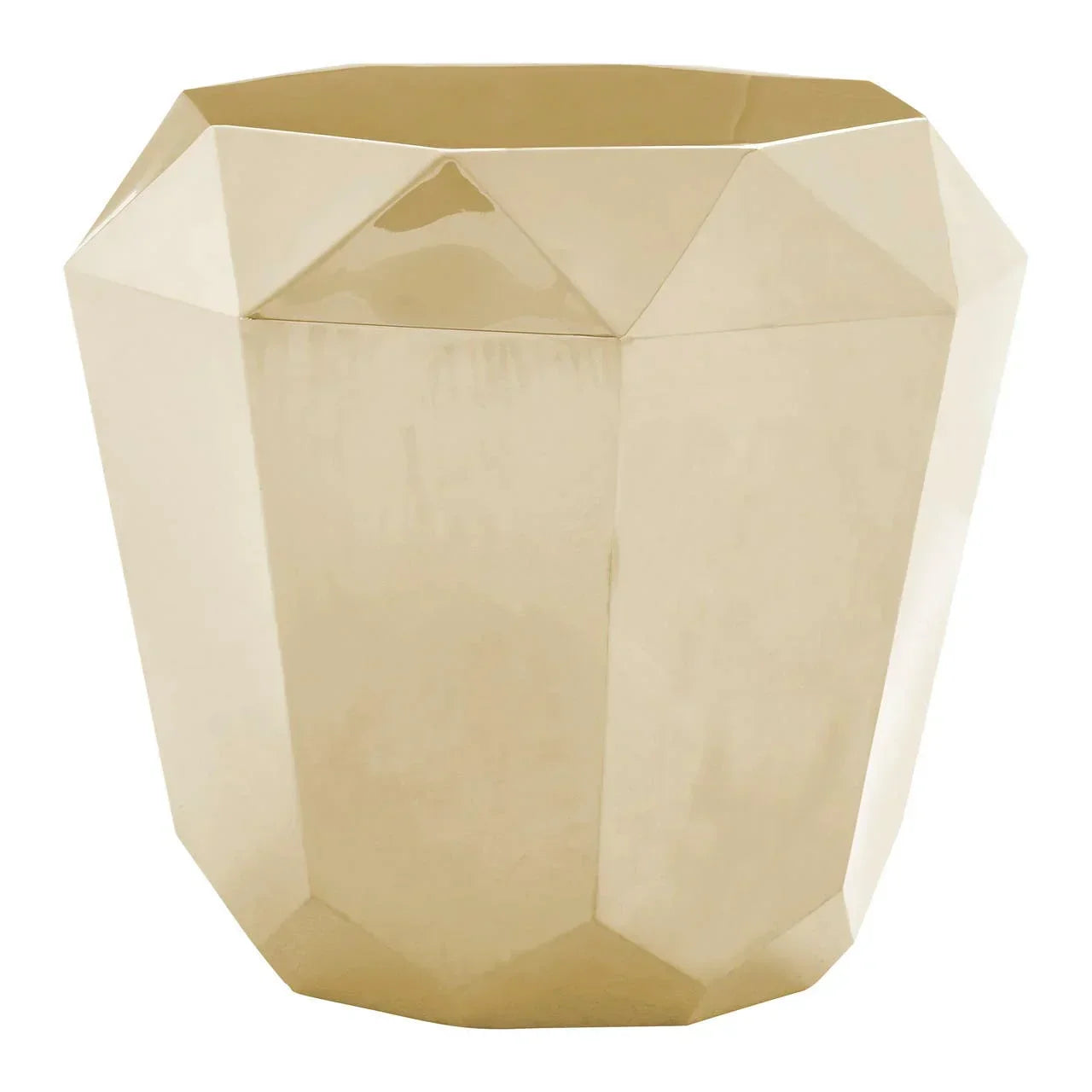 Gold geometric metal planter with faceted design and glossy finish