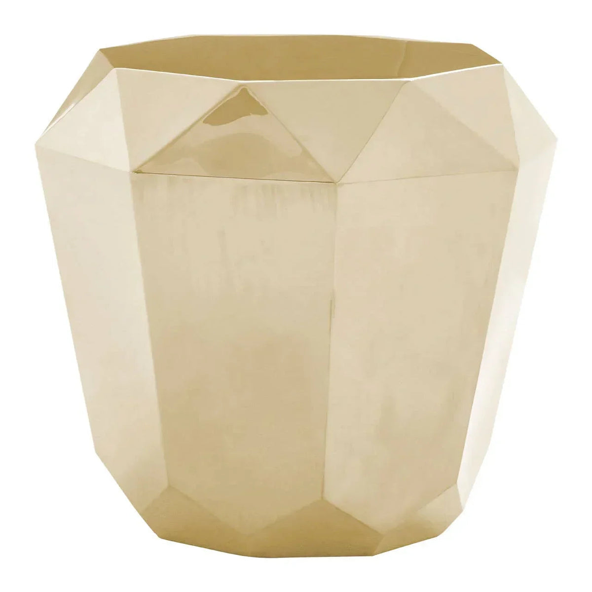 Gold faceted geometric side table with angular diamond-cut panels, front view