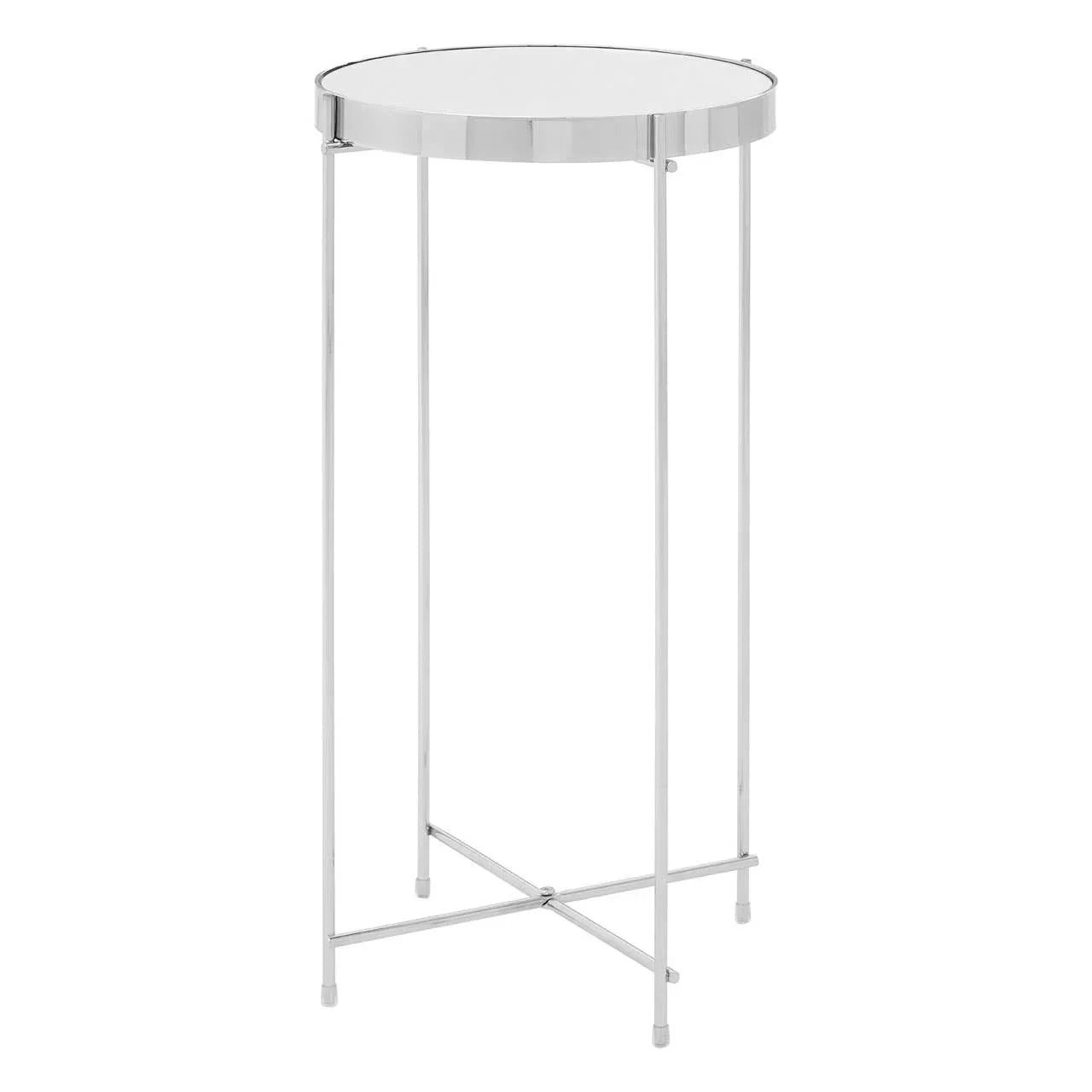 Round silver metal side table with mirrored top and slim legs on white background