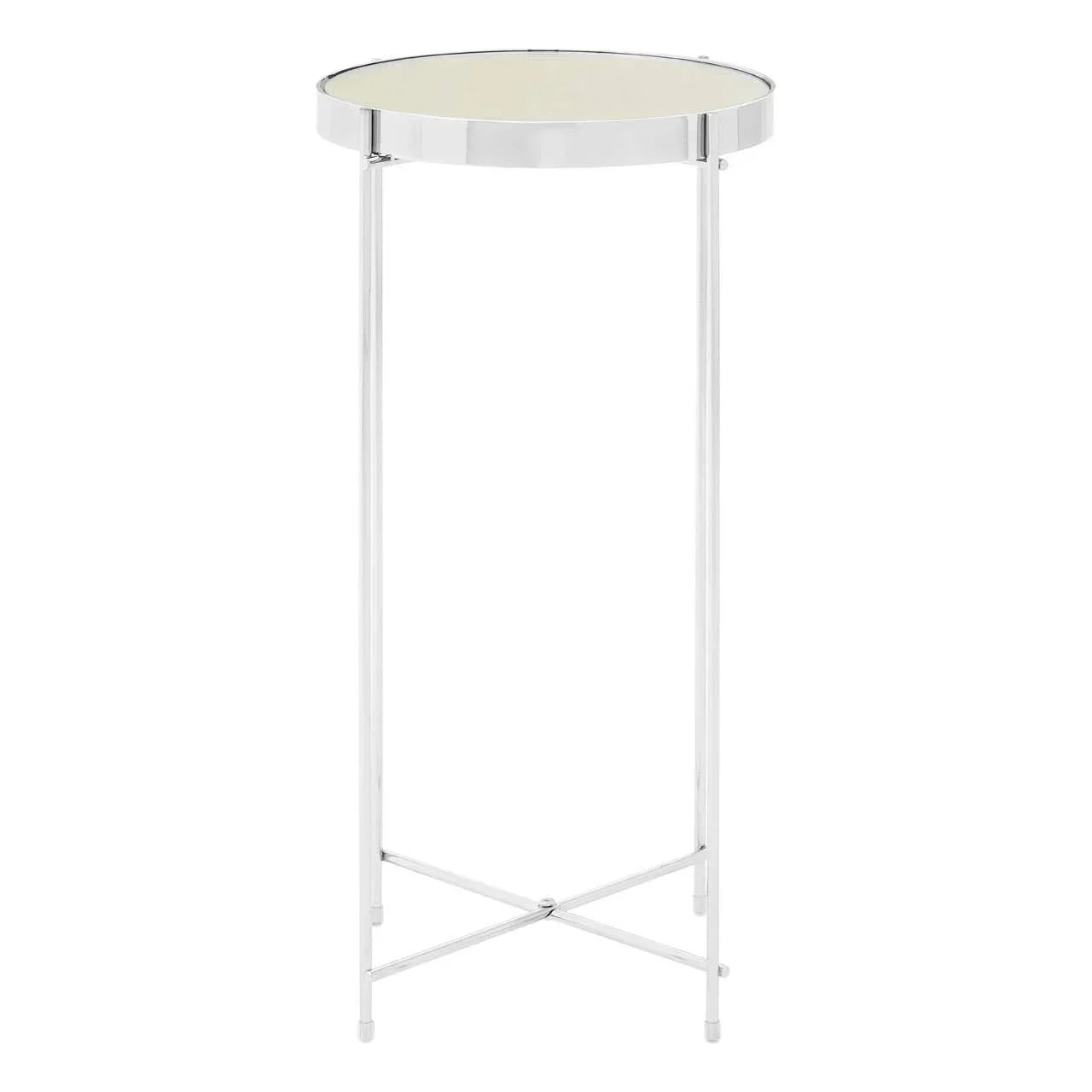 Round chrome side table with mirrored top and slim metal legs