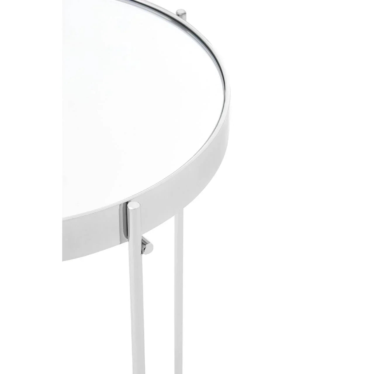 Round glass side table with chrome metal frame, close-up on edge and legs