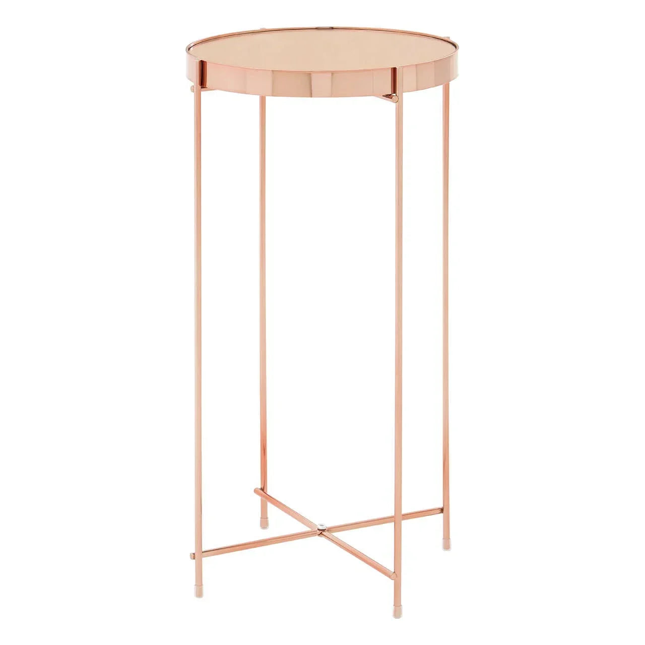 Rose gold metal side table with round mirrored top and slim legs